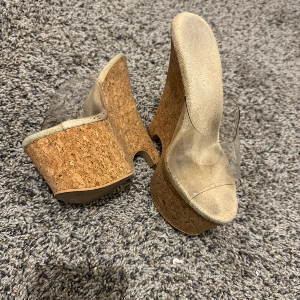 Pleaser Stylish Clear and Tan Wedge Sandals